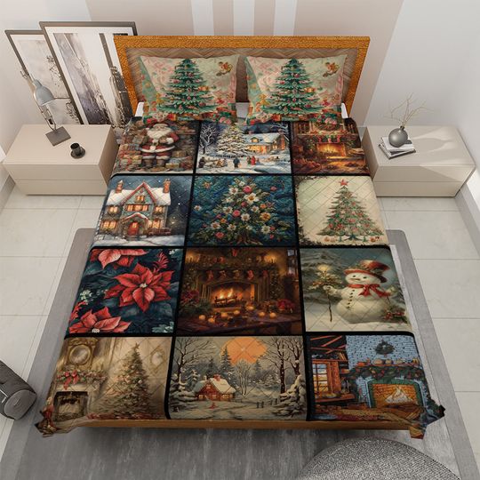 Vintage Christmas Collage Quilt Bedding Set: Snowman, Tree, Fireplace
