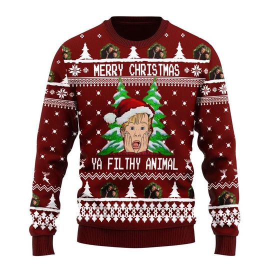 Ya Filthy Animal Knitting Pattern 3D Print Ugly Christmas Sweater, Home Alone Ugly Sweater Knitted