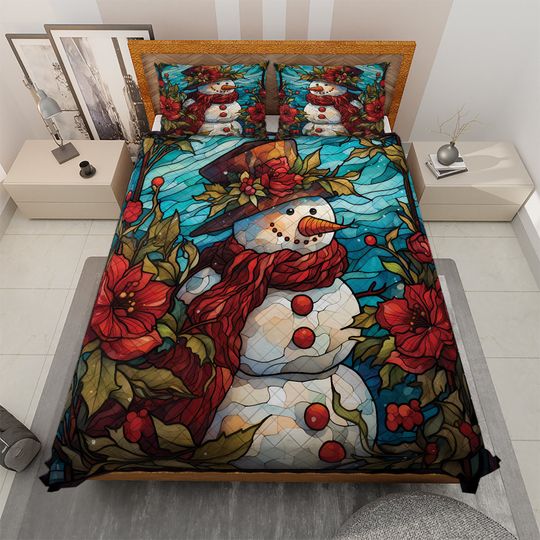 Vintage Snowman Christmas Quilt Bedding Set: Retro Hibiscus Decor