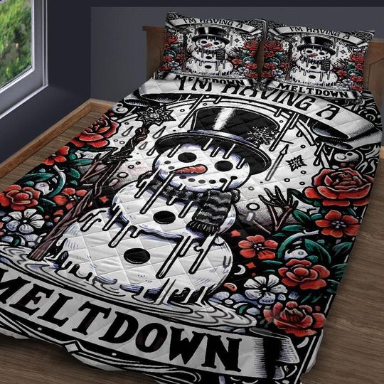 Vintage Snowman Quilt Bedding Set: Christmas Cottagecore Blanket