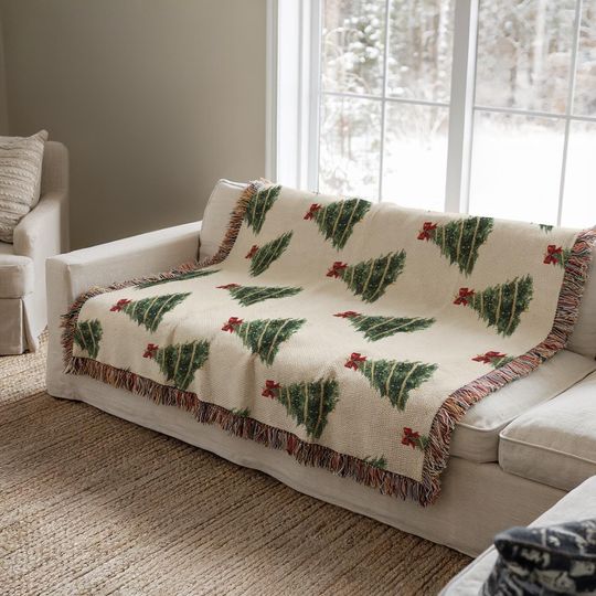 Discover Vintage Christmas Tree Woven Blanket, Coquette Christmas Blanket, Cute Bow Design, Christmas Home Decor