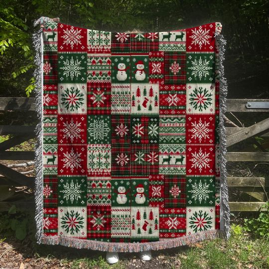 Discover Holiday Woven Blanket Christmas Patchwork Blanket Cozy Winter Home Decor Gift for Family Friends Snowflake Reindeer Snowman Design