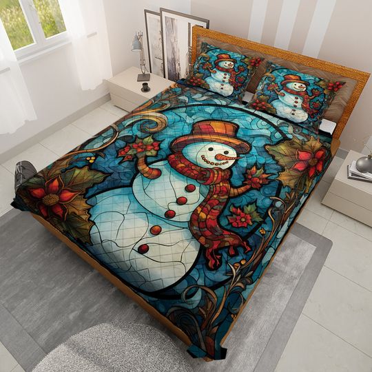 Discover Snowman Christmas Quilt Bedding Set: Retro Floral Decor