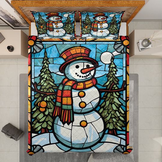 Snowman Christmas Quilt Bedding Set: Retro Holiday Decor