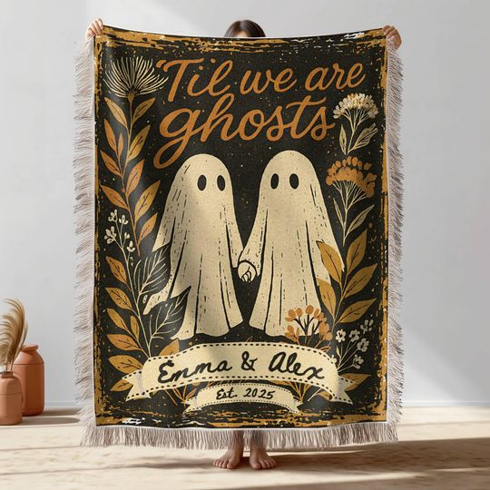 Custom Spooky Ghost Couple Engagement Gift, Personalized Til Death Do Us Part Halloween Wedding Woven Blanket, Tapestry Anniversary Gift