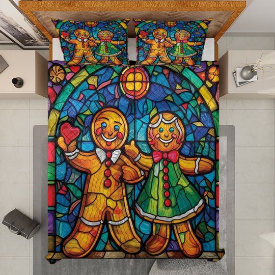 Vintage Gingerbread Couple Christmas Quilt Bedding Set