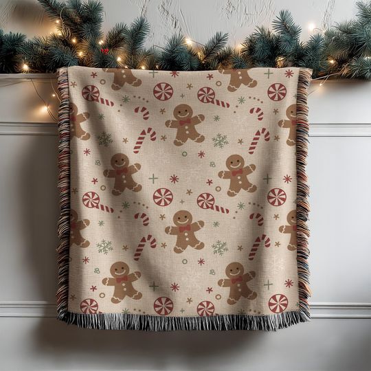 Gingerbread Christmas Woven Blanket, Candy Cane Holiday Decor, Festive Winter Blanket, Christmas Gift Idea, Holiday Season Woven Blanket