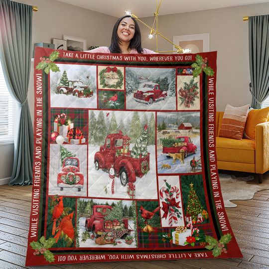 Discover Vintage Christmas Tree Farm Truck Quilt: Retro Red Car Bedding Set