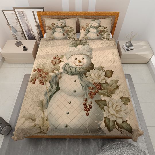 Discover Vintage Snowman Christmas Quilt Bedding Set: Floral Cottagecore Decor