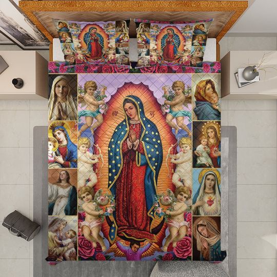 Vintage Our Lady of Guadalupe Quilt Bedding Set: Virgin Mary Christmas Decor