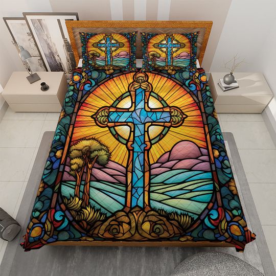 Discover Vintage Christian Cross Quilt Bedding Set: Abstract Christmas Blanket