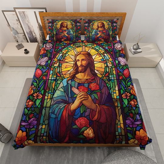 Discover Vintage Jesus Christ Quilt Bedding Set: Floral Christmas Noel Design
