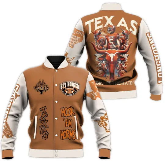 Discover Texas Longhorns Get Hooked Embrace The Hate Baseball Jacket, Gift For Fan