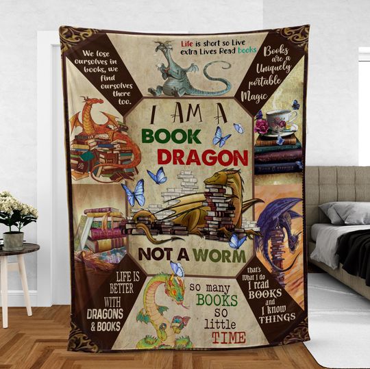 Discover Book Dragon Fleece Blanket, Bookish Fleece Blanket, Reading Blanket, Book Lovers Blanket, Bookworm Blanket Mink Sherpa