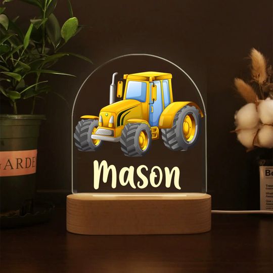 Discover Personalized Yellow Tractor Night Light: Nursery Decor Bedside Lamp