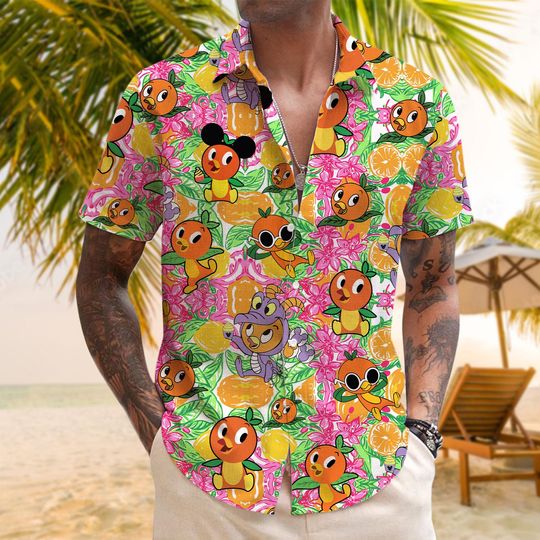 Discover Disney Floral Hawaiian Shirt, Orange Bird Hawaiian Shirt, Orange Bird Aloha Shirt, Hello Sunshine Shirt, Epcot Hawaiian Shirt