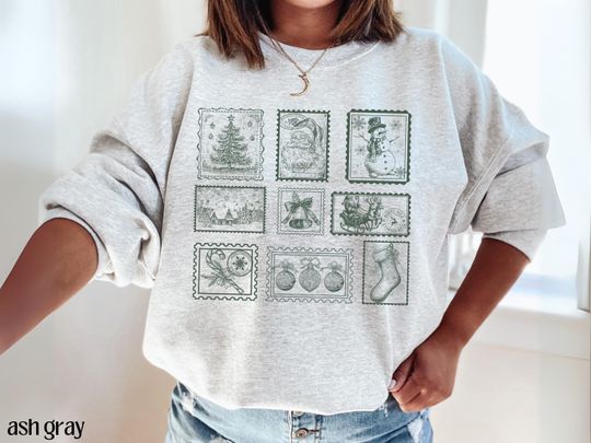 Retro Christmas Postage Stamp Sweatshirt, Vintage Santa Stamps, Family Matching Christmas PJs Gift, Cute Snowman Christmas Tree Sweater
