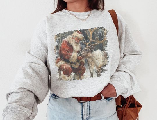Discover Vintage Inspired Christmas Sweatshirt Retro Santa Crewneck Santa Claus Sweater Reindeer Sweatshirt Holiday Apparel