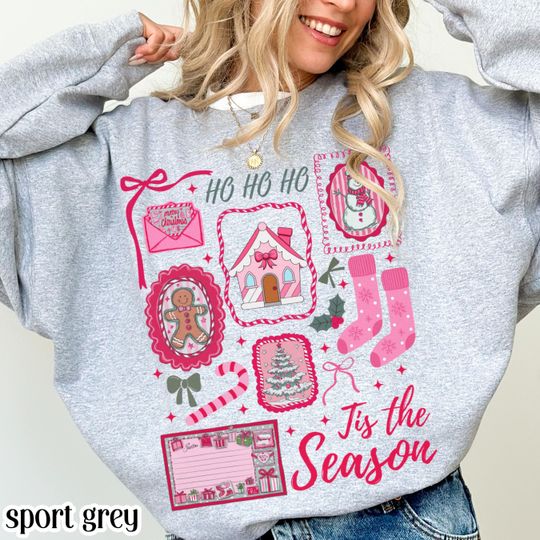 Discover Pink Christmas Sweatshirt Tis The Season Xmas Sweater Cute Girly Holiday Womens Pullover Candy Cane Bow Santa Tee Winter Crewneck