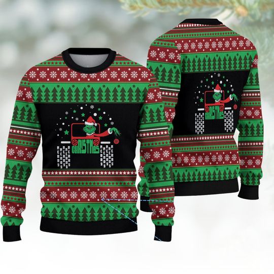 Funny Grin Christmas Ugly Sweater, Holiday Green Monster Sweatshirt, Cozy Winter Holiday Pullover