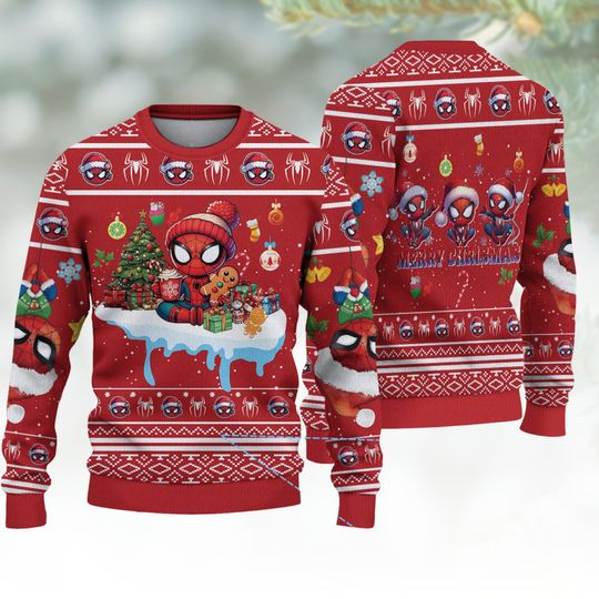Discover Spiderman Christmas Ugly Sweater, Funny Superhero Holiday Sweatshirt, Marvel Winter Pullover for Men