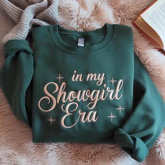 Discover In My Showgirl Era Embroidered Sweatshirt, Showgirl Aesthetic Embroidery Crewneck, Trendy Pink Letter Sweatshirt, Retro Cozy Gift for Her