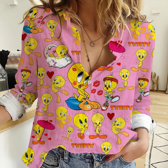 Tweety Bird 3D All-Over Printed Women's Shirt, Casual Long Sleeve Button-Down Blouse