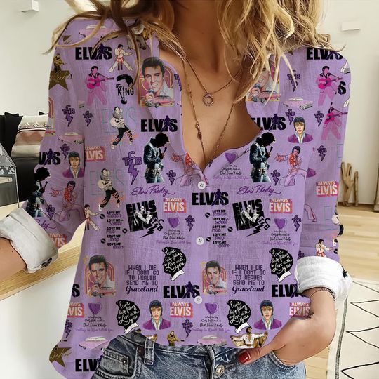 Elvis Presley 3D All-Over Print Women's Blouse, Casual Long Sleeve Button-Down Shirt