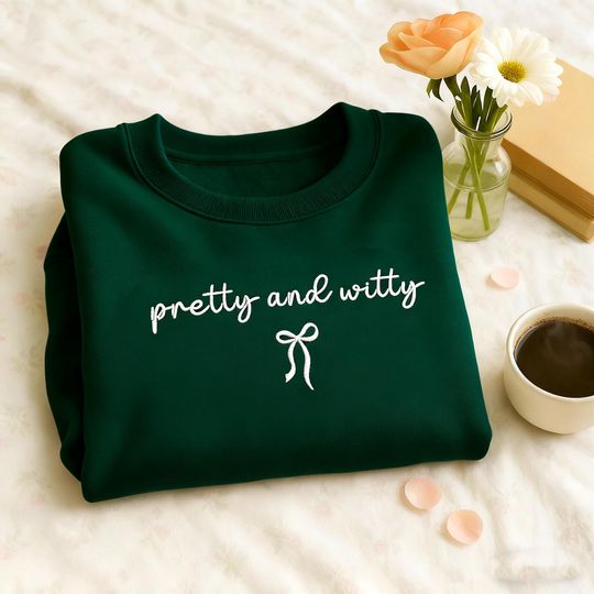 Embroidered Pretty and Witty Sweatshirt, Lowkey Showgirl Vibe Shirt, Honey Coquette bow Sweatshirt, Showgirl Pullover,Girl boss sassy shirt