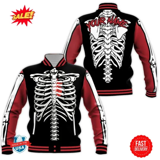 Discover Custom Famous Skeleton Heart Halloween Week Red Baseball Jacket Custom Name Jack