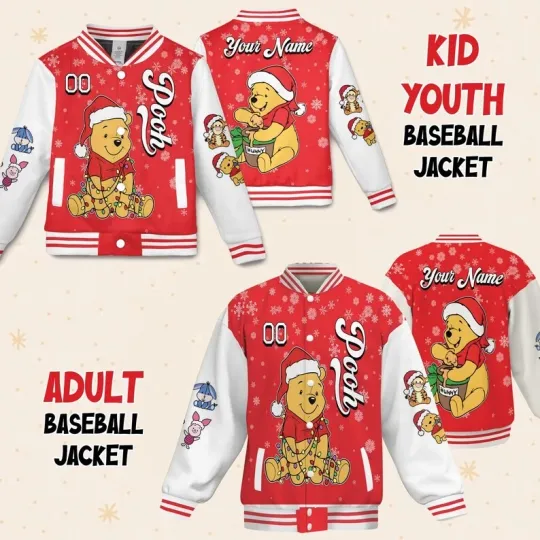 Discover Personalized Pooh Bear Santa Hat Winnie The Pooh Christmas Gift Baseball Jacket
