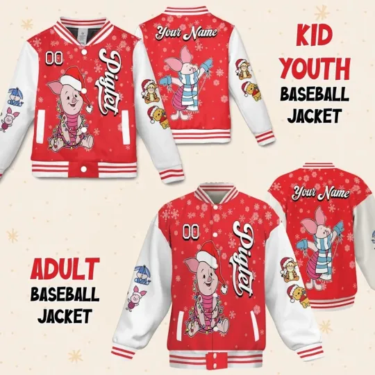 Personalized Cute Piglet Santa Hat Winnie The Pooh Christmas Baseball Jacket