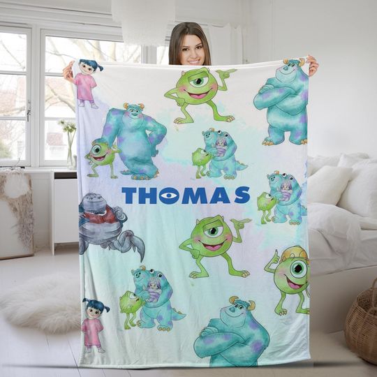 Discover Personalized Disneyland Monster Fleece Blanket, Custom Cute Monsters Blanket, Watercolor Birthday Xmas Gift For Adult Kid Teen Baby SKZW17