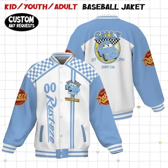 Discover Personalized Pixar Cars Sally Est 2002 Gift For Fan Blue & White Baseball Jacket