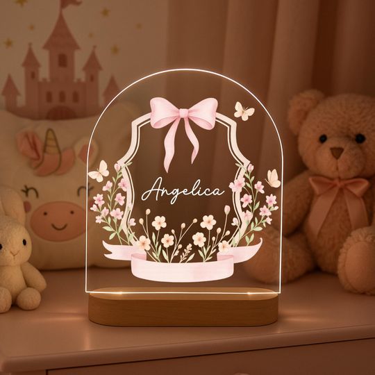 Discover Personalized Nursery Night Light with Engraved Acrylic Base and Pink Bow