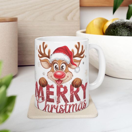 Discover Festive Reindeer Mug - Merry Christmas 11oz or 15oz, Holiday Gift, Cozy Hot Beverage, Christmas Decor, Seasonal Coffee Mug