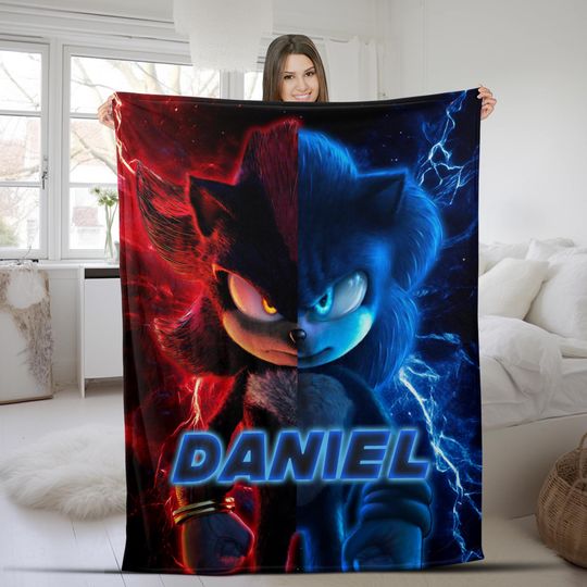 Discover Custom Sonic Shadow Hedgehog 3 Blanket/Sonic Shadow Hedgehog Minky Sherpa Blanket/Custom Name Blanket/Sonic Birthday Blanket OHQI09