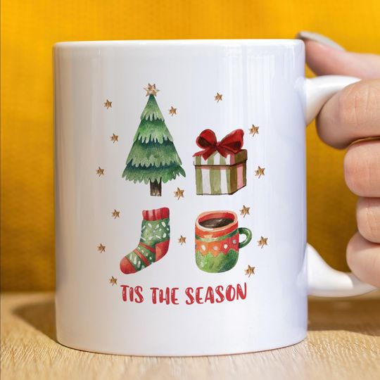 Christmas Mug, Happy Holiday Coffee Mug, Winter Season Mug, Tis The Season Mug, Ceramic Tea Mug, Festive Xmas Mug, Christmas Holiday Gift