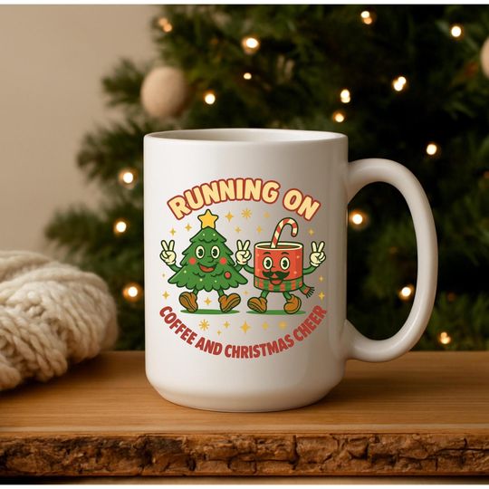 Discover Running On Coffee And Christmas Cheer Mug, Christmas Mug, Funny Christmas Mug, Mug Gift For Her, Retro Christmas Mug, Christmas Coffee Mug