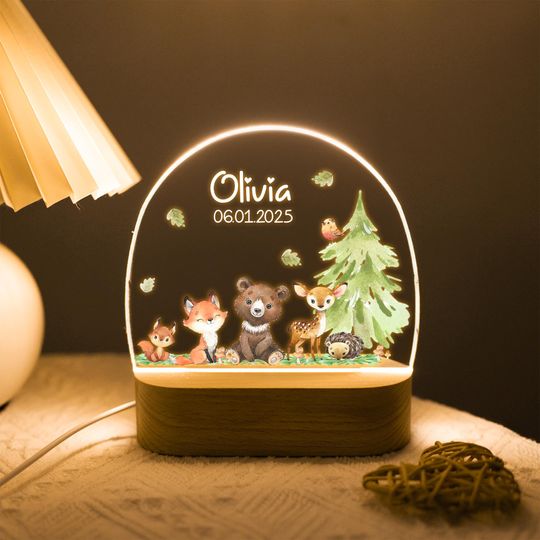 Discover Personalized LED Animal Lamp, Jungle Animal Night Light, Acrylic Baby Bedroom Light, Newborn Nursery Decor Table Light