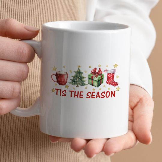 Tis The Season Christmas Mug, Winter Season Coffee Mug, Holiday Ceramic Mug, Hot Chocolate Mug, Mug with Christmas Art, Christmas Gift