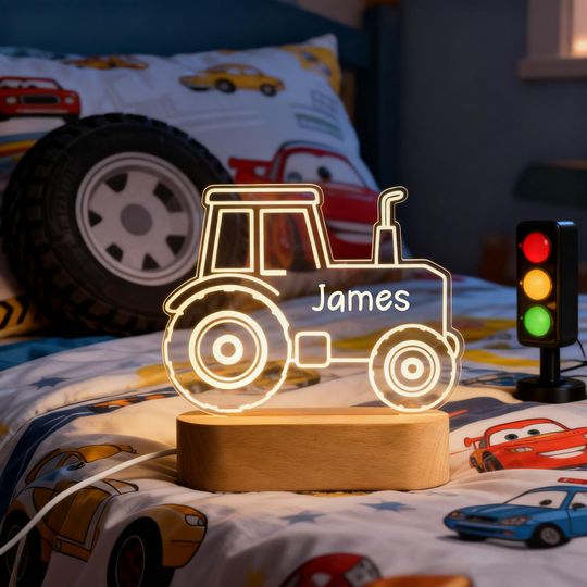 Discover Kids Night Light with Name, Tractor & Dinosaur Shaped Light Bases for Baby Bedroom, First Christmas Gift