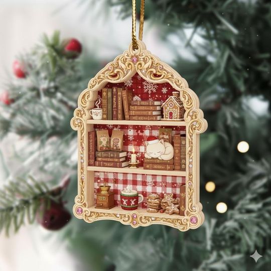 Book Lover Christmas Acrylic Ornament, Christmas Bookshelf Ornament, Book Lover Gift, Book Club Ornament, Pink Vintage Bookish Ornament