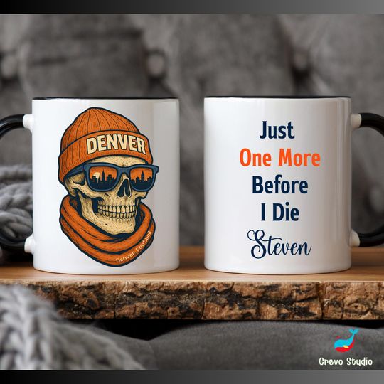 Discover Denver Football Skull Mug, Personalized Bronco Coffee Cup, Custom Name Fan Gift