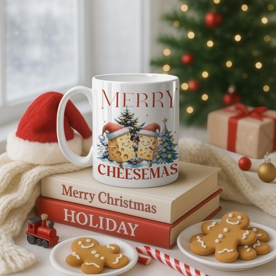Discover Cute Cartoon Christmas Cheese Mug  Merry Cheesemas 11oz Cup, White 11oz Ceramic Mug, Funny Mug, Christmas Fun