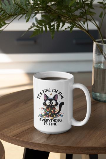 Discover It's Fine I'm Fine Everything is Fine Coffee Mug, Funny, Humor, Cartoon, Gift for Her Him, Present, Birthday, Christmas