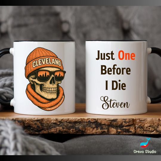 Discover Cleveland Football Skull Mug, Personalized Brown Coffee Cup, Custom Name Fan Gift