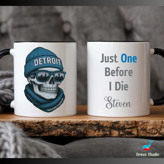 Discover Detroit Football Skull Mug: Personalized Name Coffee Cup, Custom Lion Fan Gift