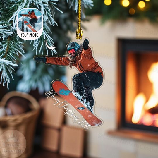 Discover Custom Snowboard Photo Ornament 2025, Personalized Winter Sports Picture Ornament, Acrylic Cutout Xmas Gift, Outdoor Adventure Keepsake Gift