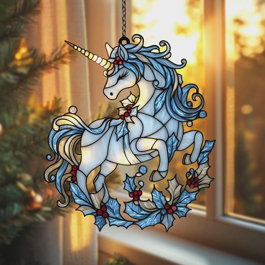 Discover Enchanted Unicorn 2025 Christmas Ornament Acrylic Suncatcher  Faux Stained Glass Window Hanging Holiday Gift
